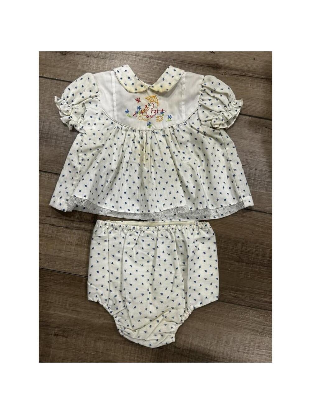Vintage Baby Two Piece Set Floral Embroidery Plastic Lined Bloomers Size 18 70s